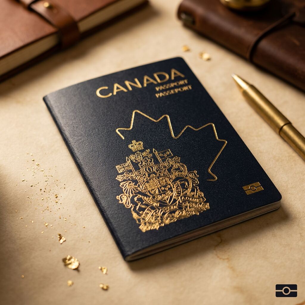 Canadian passport, globe, and documents