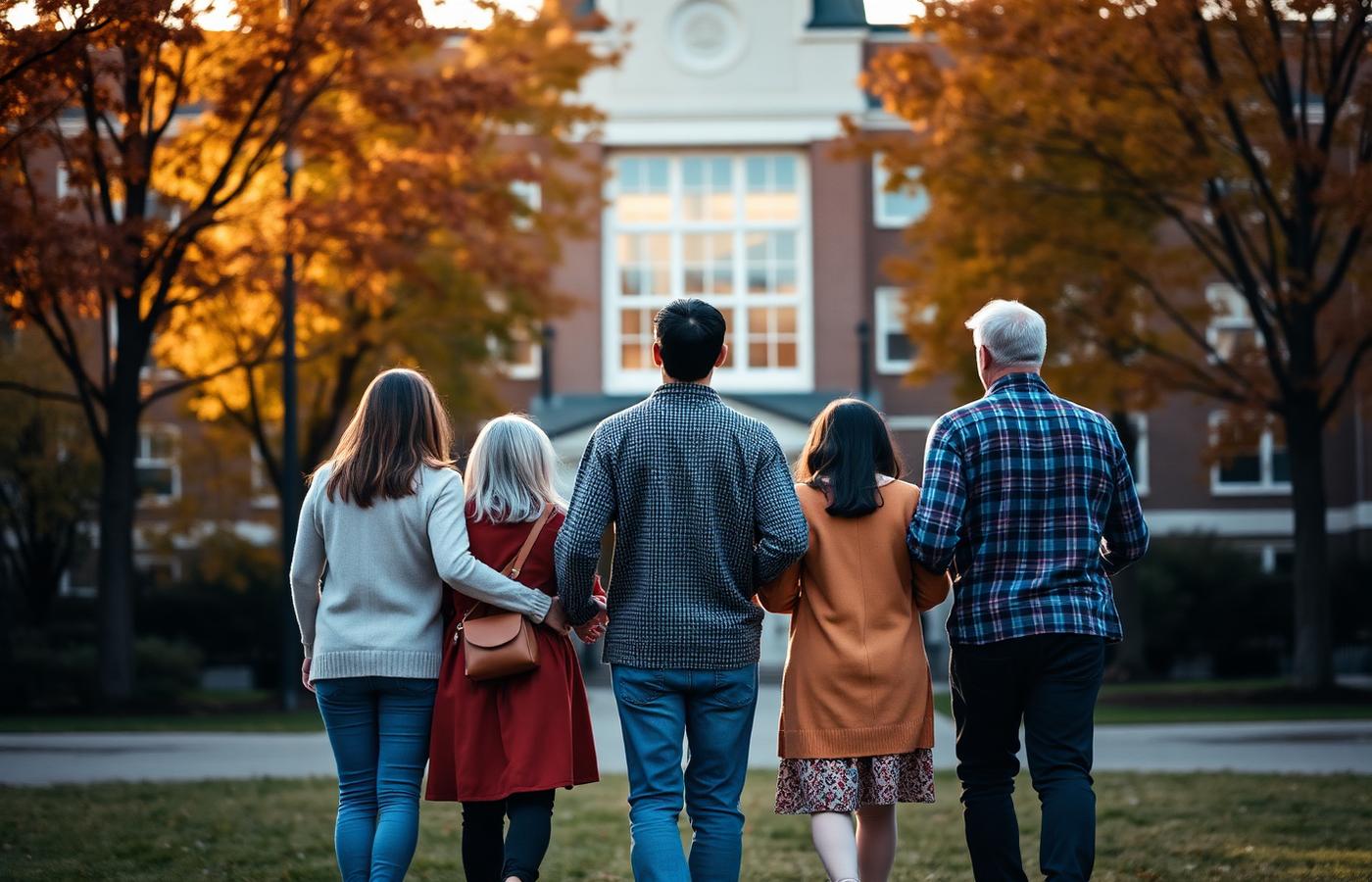 Family walking together in front of a Canadian university campus